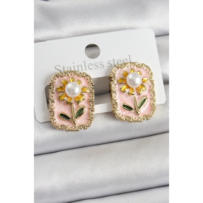 BFS Pirinç Pembe Mineli Papatya Figürlü Sanatsal Portre Model Gold Renk Kadın Küpe