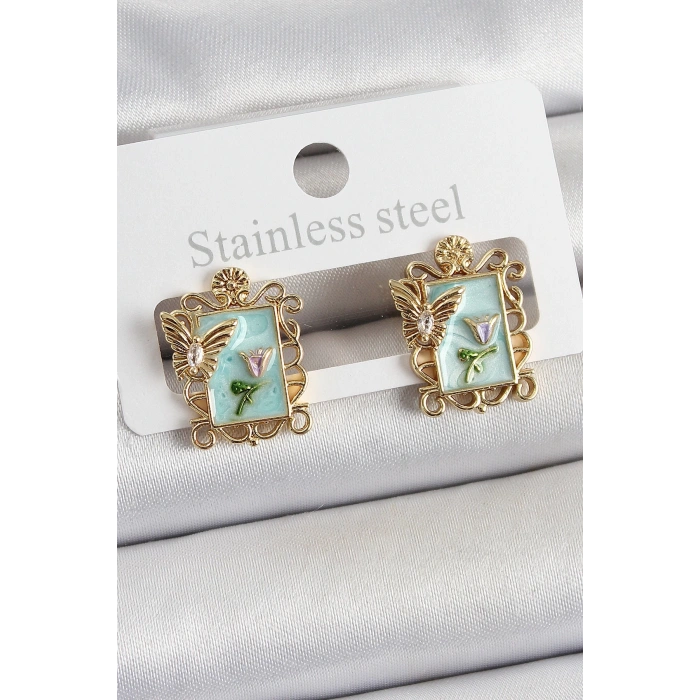 BFS Pirinç Yeşil Mineli Sanatsal Portre Model Gold Renk Kadın Küpe