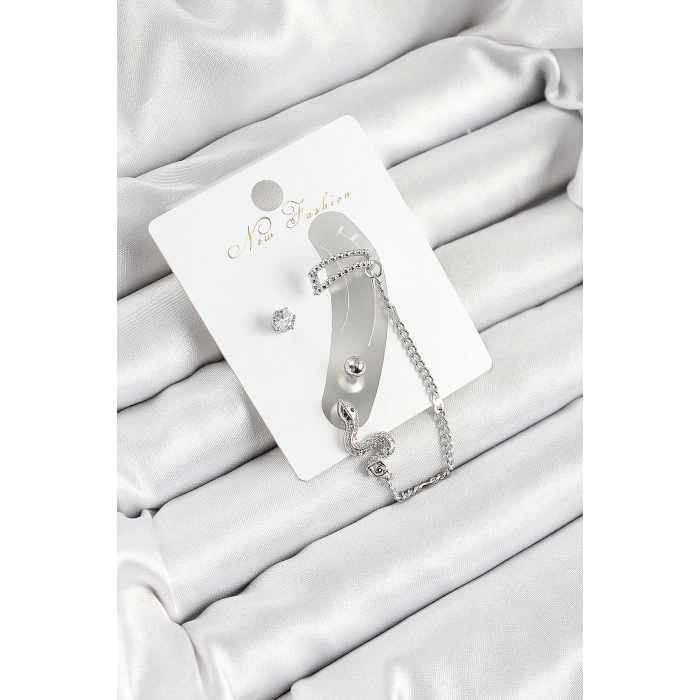 BFS Pirinç Yılan Figürlü Zirkon Taşlı Gümüş Renk 3lü Kıkırdak Kadın Küpe Set