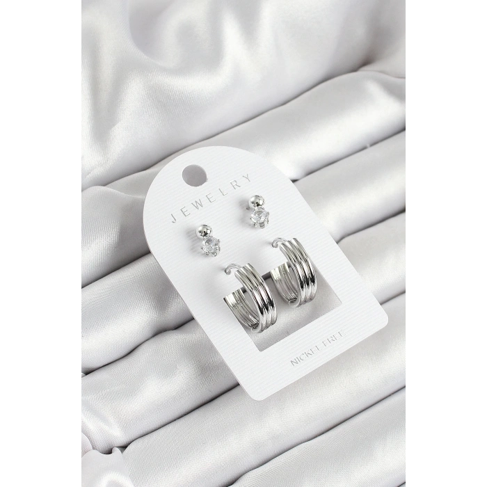 BFS Pirinç Zirkon Taş Ve Halka Figürlü Gümüş Renk 3lü Çift Kadın Küpe Set