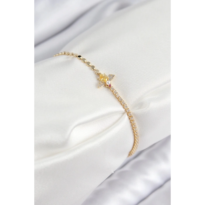 Mey İthalat® Pirinç Zirkon Taşlı Arı Model Ezme Zincir Gold Renk Kadın Bileklik