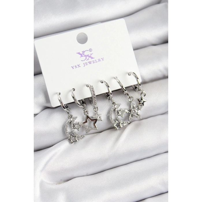 BFS Pirinç Zİrkon Taşlı Ay ve Yıldız Model Gümüş Renk 3lü Çift Kadın Küpe