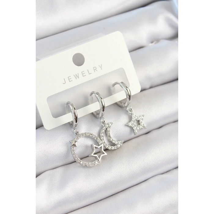 BFS Pirinç Zirkon Taşlı Ay Ve Yıldız Model Gümüş Renk 3lü Çift Kadın Küpe Set