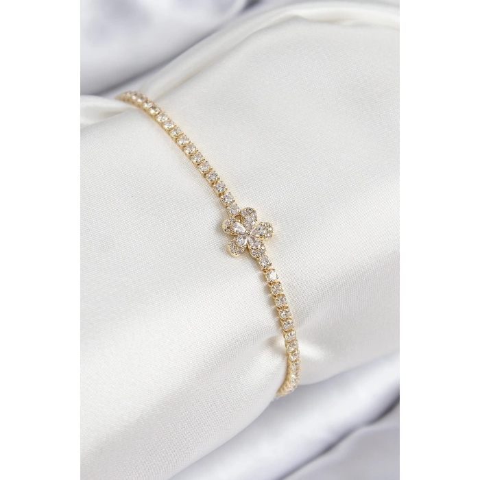 Mey İthalat® Pirinç Zirkon Taşlı Çiçek Model Gold Renk Kadın Bileklik