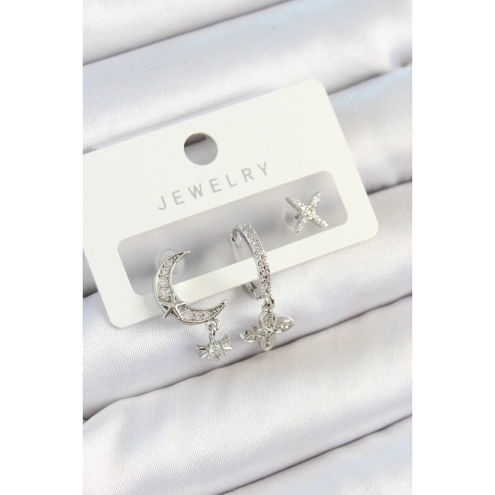 BFS Pirinç Zirkon Taşlı Çiçek Ve Ay Model Gümüş Renk 3lü Çift Kadın Küpe Set