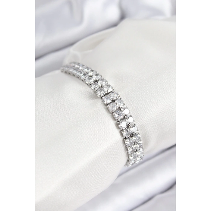 Mey İthalat® Pirinç Zirkon Taşlı Çift Sıra Kare Model Gümüş Renk Asansörlü Kadın Bileklik