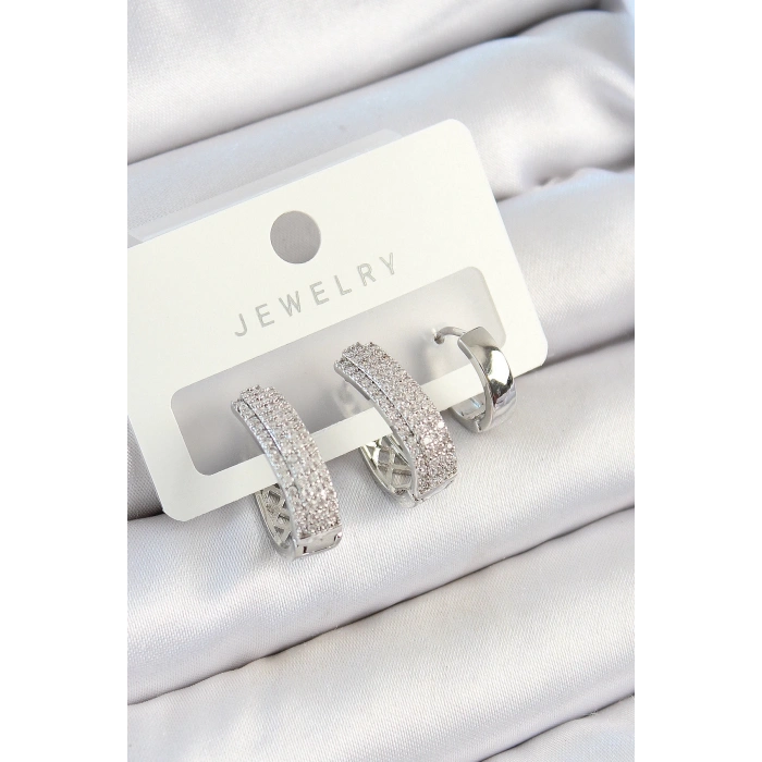 BFS Pirinç Zirkon Taşlı Damla Model Gümüş Renk 3lü Çift Kadın Küpe Set