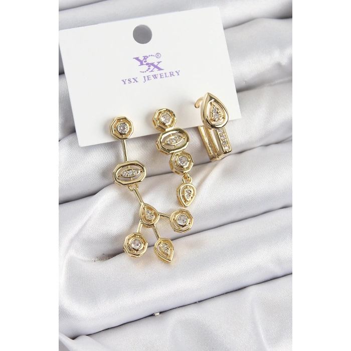 BFS Pirinç Zİrkon Taşlı Geometrik Model Gold Renk 3lü Kadın Küpe