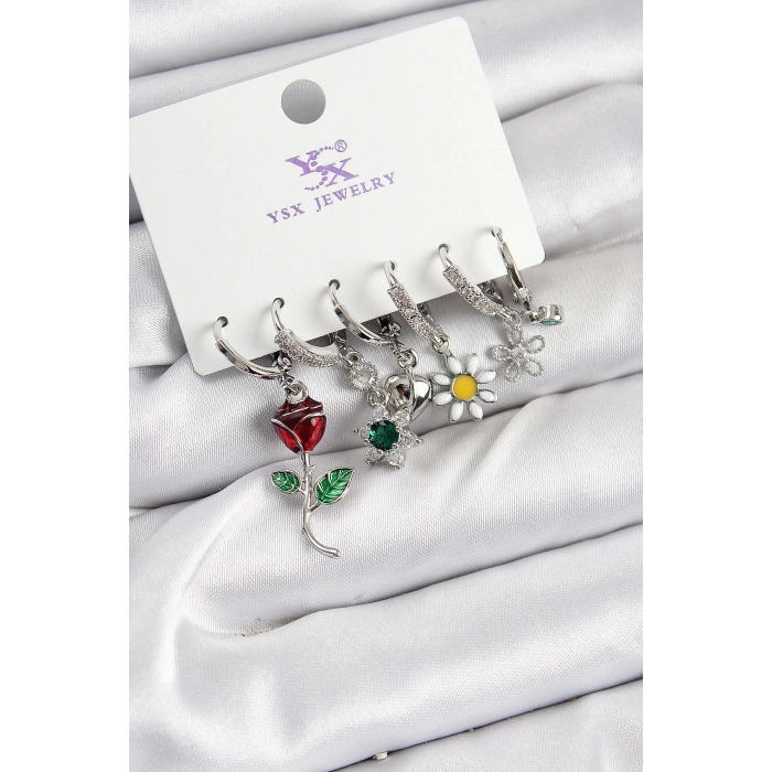 BFS Pirinç Zİrkon Taşlı Gül Ve Papatya Model Gümüş Renk 3lü Çift Kadın Küpe