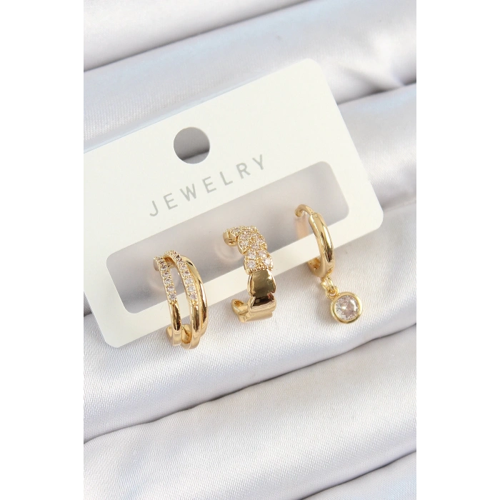 BFS Pirinç Zirkon Taşlı Halka Model Gold Renk 3lü Çift Kadın Küpe Set