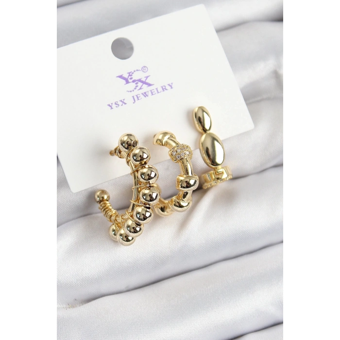 BFS Pirinç Zİrkon Taşlı Halka Model Gold Renk 3lü Kadın Küpe