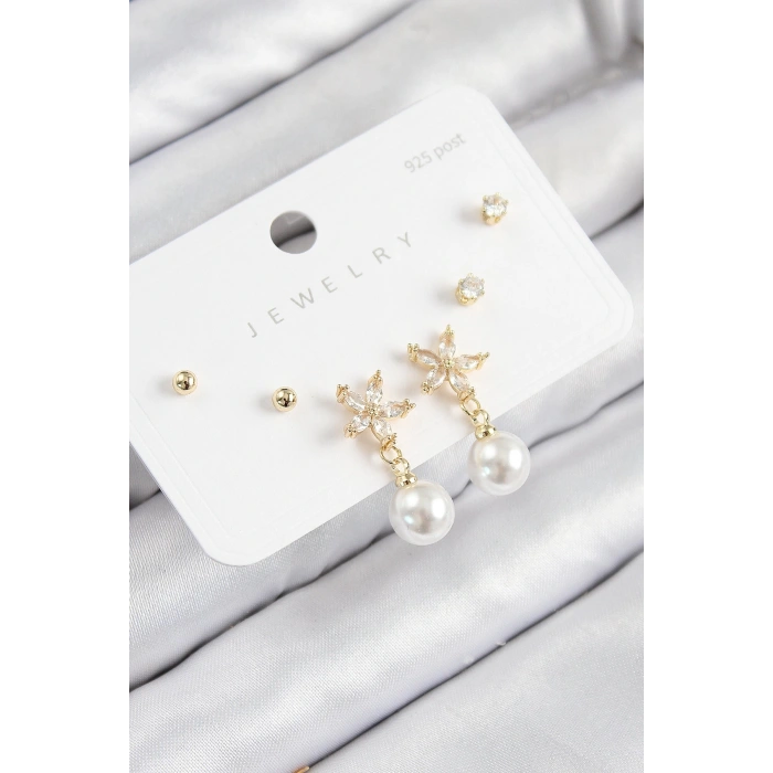 BFS Pirinç Zirkon Taşlı İnci Sallantılı Çiçek Model Gümüş Renk 925 Ayar Gümüş Çivi Kadın Küpe Set