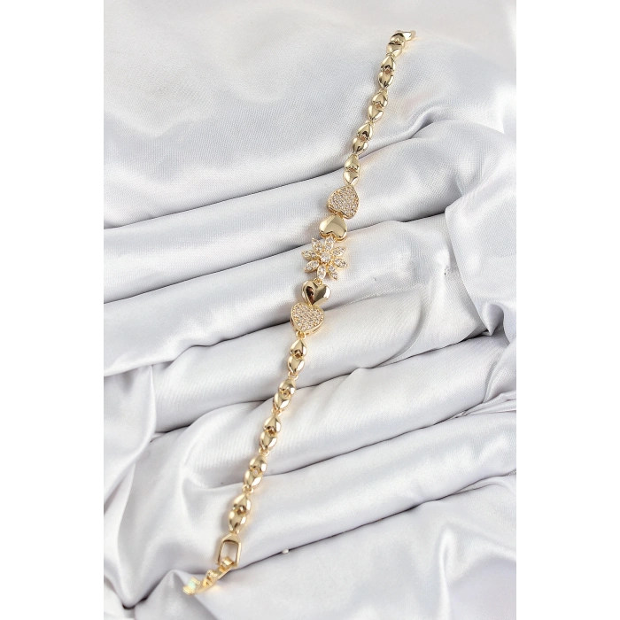 Mey İthalat® Pirinç Zirkon Taşlı Kalp Detaylı Çiçek Model Gold Renk Kadın Bileklik