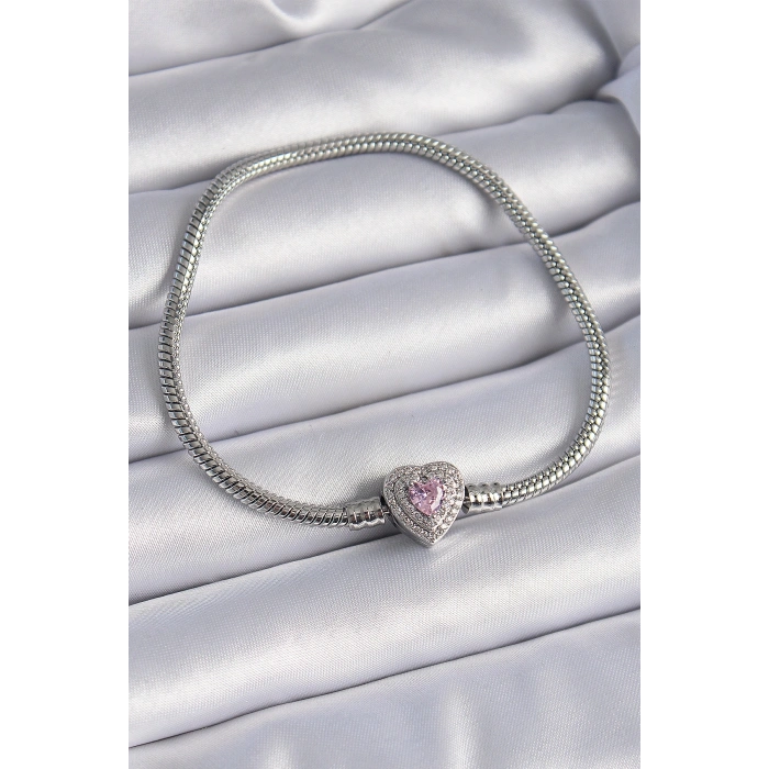 Mey İthalat® Pirinç Zirkon Taşlı Kalp Figür Charm Model Kadın Bileklik