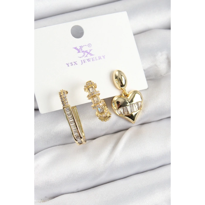 BFS Pirinç Zİrkon Taşlı Kalp Model Gold Renk 3lü Kadın Küpe