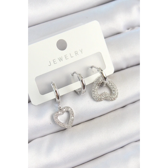 BFS Pirinç Zirkon Taşlı Kalp Model Gümüş Renk 3lü Çift Kadın Küpe Set