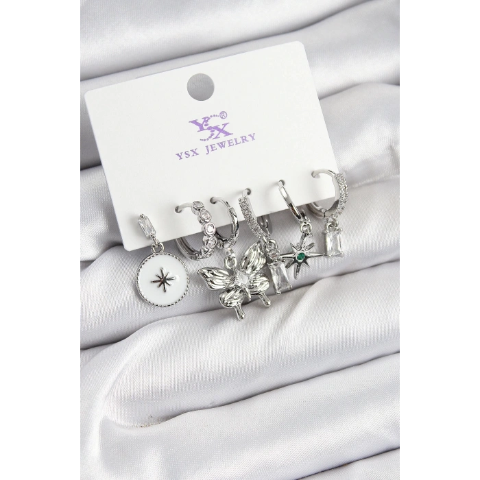 BFS Pirinç Zİrkon Taşlı Kelebek ve Yıldız Model Gümüş Renk 3lü Çift Kadın Küpe