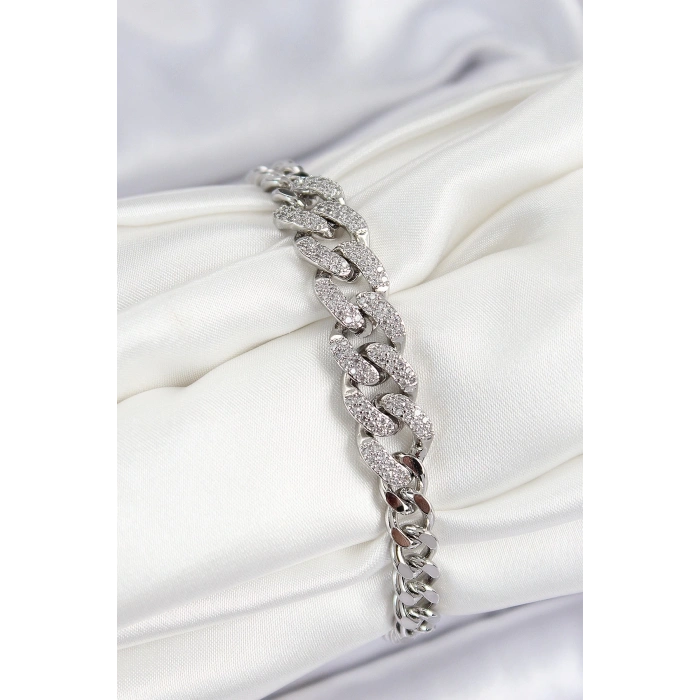 Mey İthalat® Pirinç Zirkon Taşlı Küba Zincir Model Gümüş Renk Kadın Bileklik