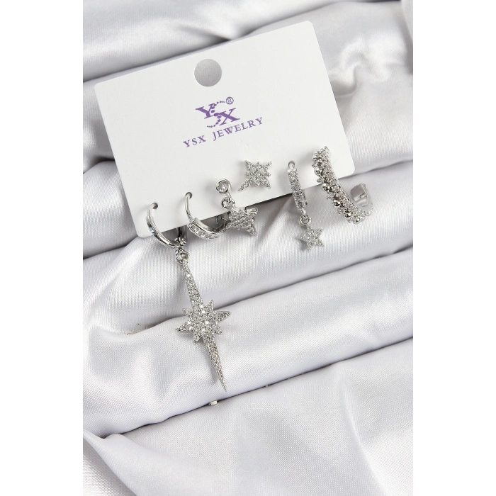 BFS Pirinç Zİrkon Taşlı Kutup Yıldızı Model Gümüş Renk 3lü Çift Kadın Küpe