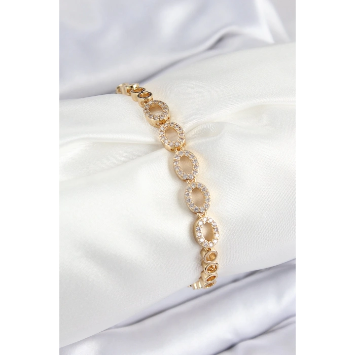 Mey İthalat® Pirinç Zirkon Taşlı Oval Model Gold Renk Kadın Bileklik