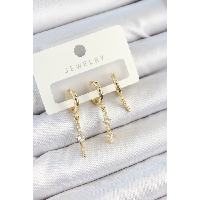 BFS Pirinç Zirkon Taşlı Sallantılı Model Gold Renk 3lü Çift Kadın Küpe Set