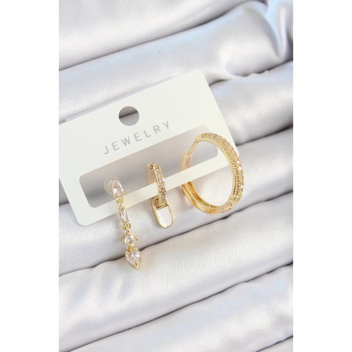BFS Pirinç Zirkon Taşlı Sallantılı Model Gold Renk 3lü Çift Kadın Küpe Set