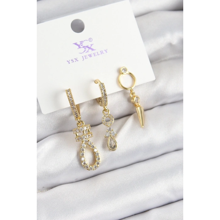 BFS Pirinç Zİrkon Taşlı Sallantılı Model Gold Renk 3lü Kadın Küpe