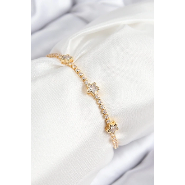 Mey İthalat® Pirinç Zirkon Taşlı Yıldız Model Gold Renk Asansörlü Kadın Bileklik