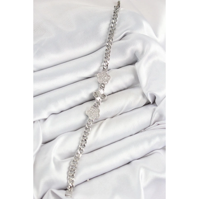 Mey İthalat® Pirinç Zirkon Taşlı Yonca Model Gümüş Renk Kadın Bileklik