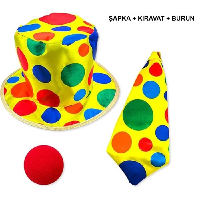 BFS   Renkli Palyaço Kostüm Seti – 3 Parça Aksesuar (Şapka, Kravat, Burun)