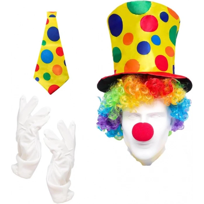 BFS   Renkli Palyaço Kostüm Seti – 5 Parça Aksesuar (Şapka, Peruk, Kravat, Eldiven, Burun)