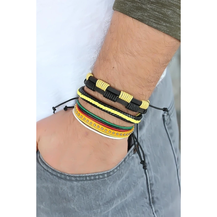 Mey İthalat® Sarı Renk Zımbalı Deri Erkek Bileklik Kombini