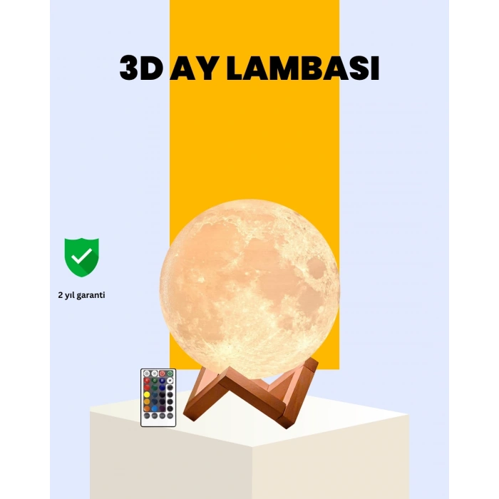 BFS Şarjlı 3D Baskılı 16 Renk Ay Lambası Ahşap Stand ve Uzaktan Kumanda