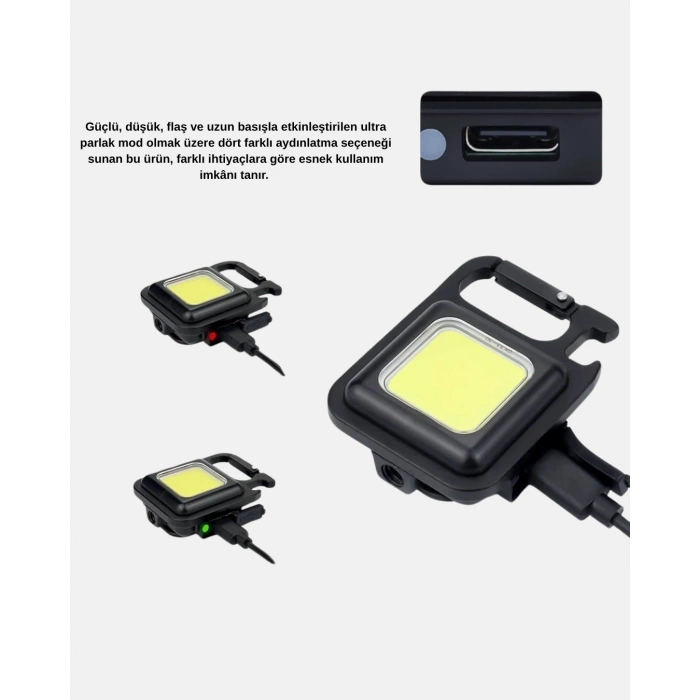 BFS Şarjlı COB LED Anahtarlık Fener – 4 Modlu, Manyetik ve Katlanabilir Standlı