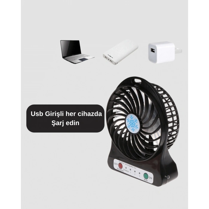 BFS Şarjlı USB Fan – Masaüstü Mini Vantilatör, Taşınabilir, Işıklı, 3 Kademeli, Sessiz