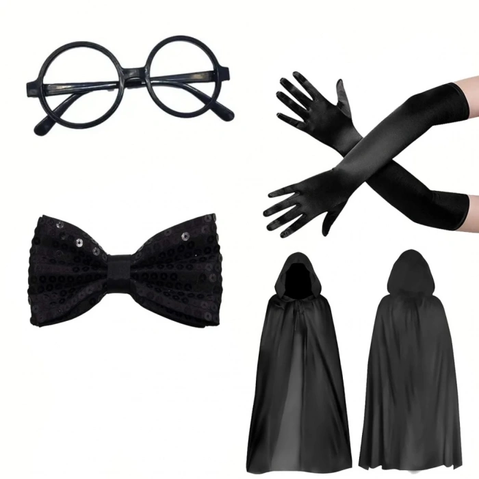 BFS Siyah Kapüşonlu Büyücü ve Cadı Pelerin Kostüm Seti (4 Parça)