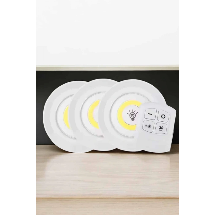 BFS Spot Lamba Led Işık 3lü Uzaktan Kumandalı Pilli Yapışkanlı Kablosuz