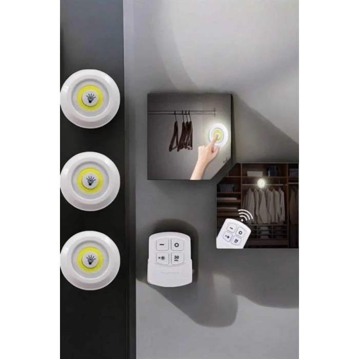 BFS Spot Lamba Led Işık 3lü Uzaktan Kumandalı Pilli Yapışkanlı Kablosuz