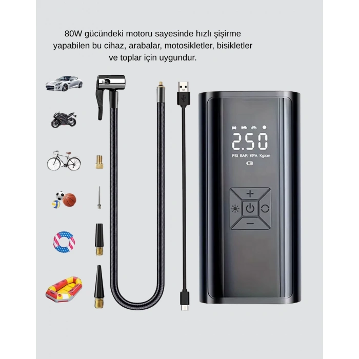 BFS Taşınabilir 80W Kablosuz Lastik Şişirme Pompası Dijital Ekranlı
