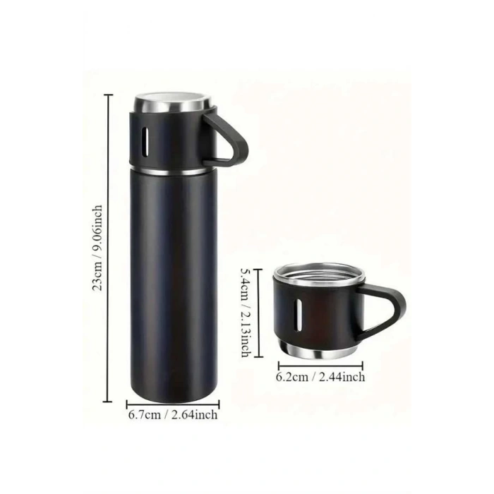 BFS Termos Seti 3lü Bardak Seti Isı Dayanıklı Siyah Paslanmaz Çelik Vakumlu