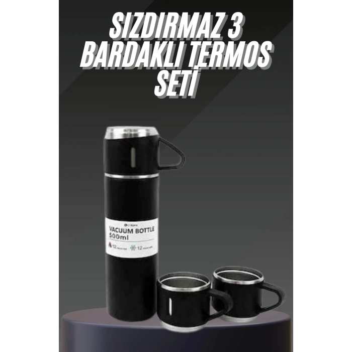 BFS Termos Seti Paslanmaz Çelik 3 Bardaklı Vakumlu Termos Set 500 Ml 12 Saate Kadar Isı Koruma
