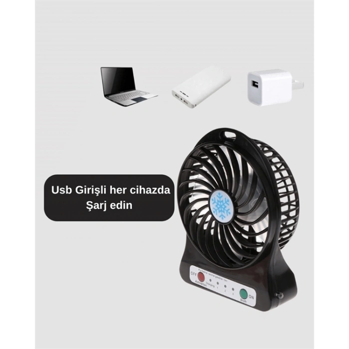 BFS USB Girişli Taşınabilir Masaüstü Mini Fan – 3 Kademeli Hız, Şarjlı, Işıklı, Sessiz Çalışma