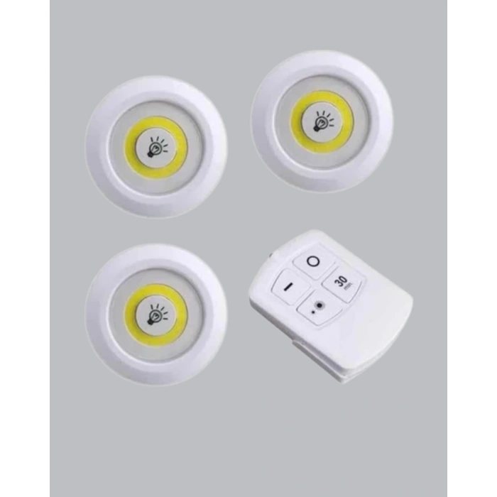 BFS Uzaktan Kumandalı 3 Lü Kablosuz Led Spot Lamba Seti Yapışkanlı Pratik Kullanım