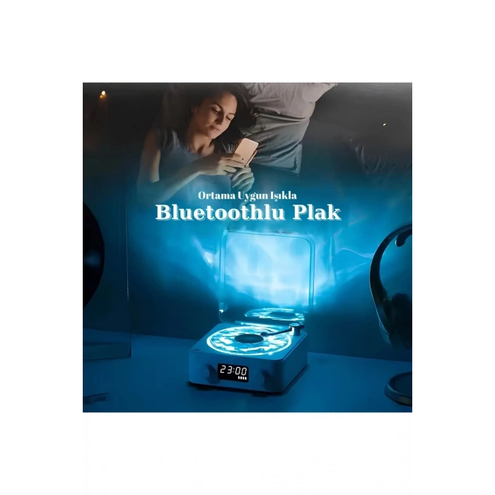 BFS Waves Nostalji Plak Görünümlü Bluetooth Hoparlör 3d Ses Dalgası Retro Müzik Plak Mavi