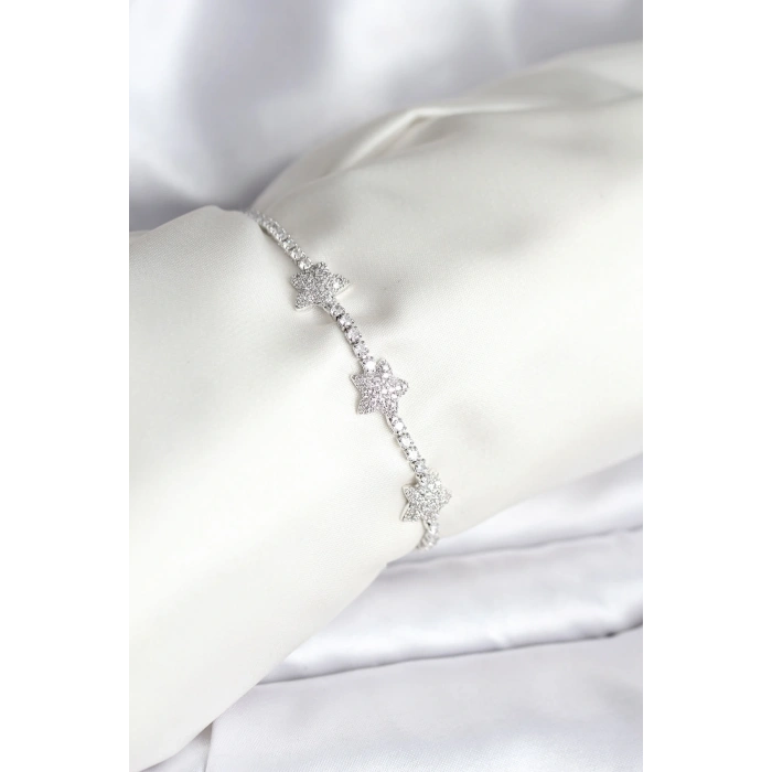 Mey İthalat® Yıldız Model Zirkon Taşlı Gümüş Renk Pirinç Su Yolu Kadın Bileklik