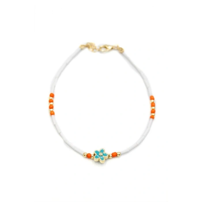 Boncuklu Çiçek  Halhal - Mavi