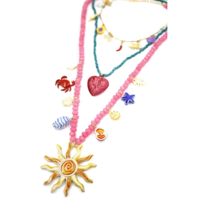 Boncuklu Güneş Kolye - Pembe