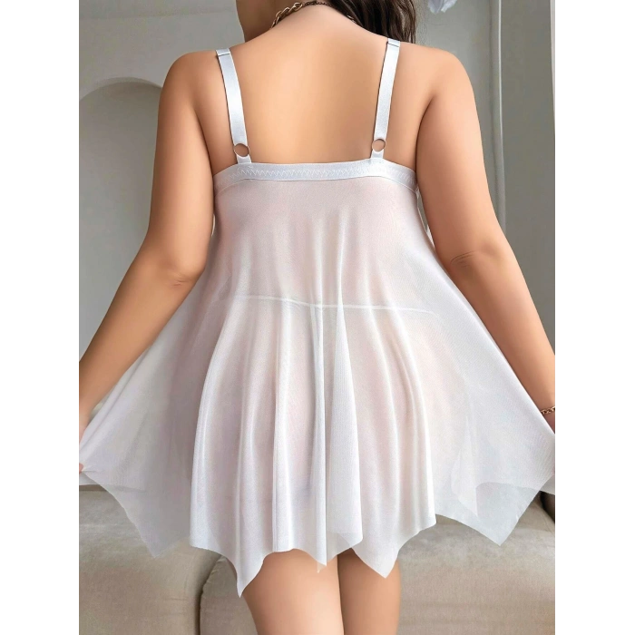 Büyük Beden Beyaz Kalın Askılı Kurdelalı Fantezi Tül Gecelik