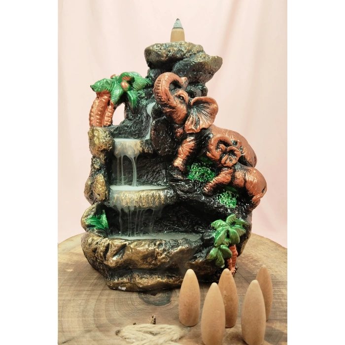 Buyuk Boy Fil Figürlü Biblo Model Geri Akış Şelale Tütsülük 5 Adet Koni Hediye