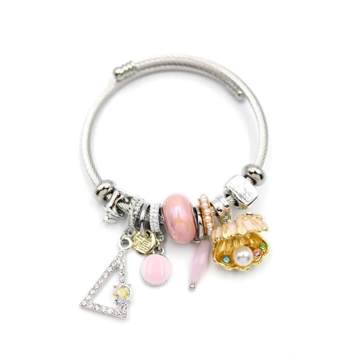 Çelik Charmlı İncili Deniz Kabuğu Bilezik - Pembe